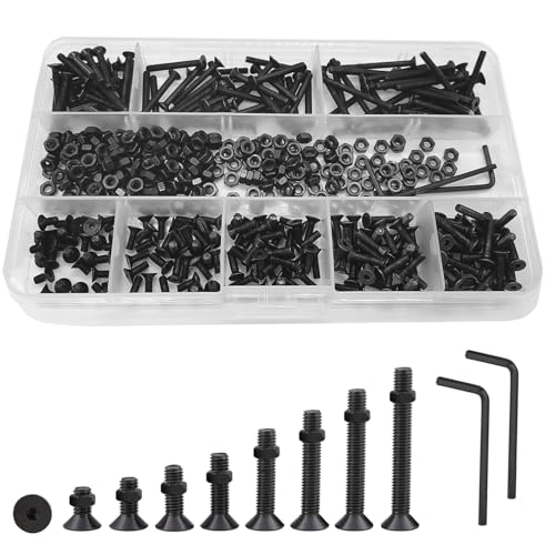 M3 Schwarz Flachkopfschrauben Legierungsstahl Hex Sockel Cap Bolzen und Muttern, Hexagon Countersunk Machine Schrauben Sortiment Set Kit (482 Stück) von WeqeYent
