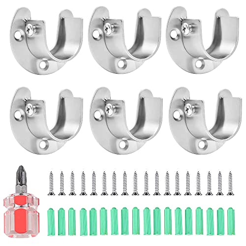 WeqeYent 6 Stück Edelstahl Kleiderstangen Halterung, Rundrohr Halterung U-förmige Stangen Flansch für Kleiderschrank, Duschvorhang mit Schraubendreher (Silber) von WeqeYent