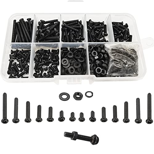 WeqeYent 600 Stücke Schrauben Muttern Set, M3 Schrauben Set, Maschinenschrauben, Unterlegscheiben Hardware Tools, M3 Schraube Schraubenmutter Sortiment(Schwarz) von WeqeYent