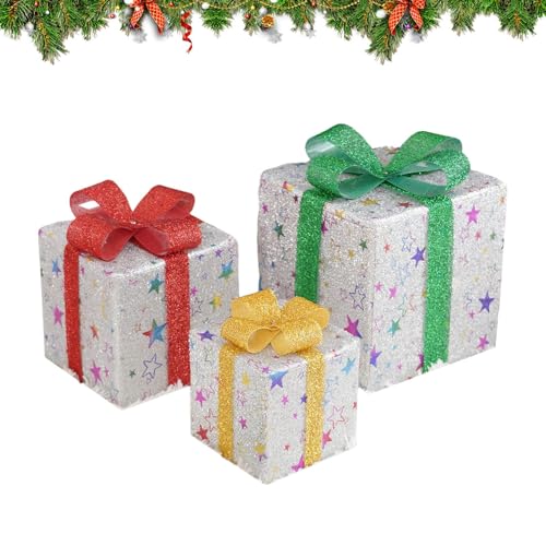 Weqizuerqi Christmas Box Dekoration, Weihnachtsdekoration Mit LED Licht Für Innen Und Außen, 3-teilige Szenendeko Batteriebetrieben Für Rasen Garten Baum Terrasse Balkon Schlafzimmer von Weqizuerqi