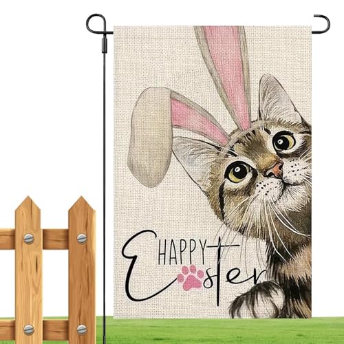 Weqizuerqi Osterflagge – 45 x 30 cm große Katze mit Hasenohren, Hofflaggen für draußen, dekoratives Frohe -Schild, doppelseitiges Cartoon-Tierbanner für den Außenbereich, Garten, Haus, Bauernhaus von Weqizuerqi