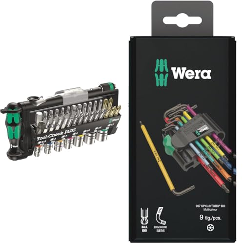 Wera Bit-Sortiment, Tool-Check PLUS, 39-teilig, 05056490001 & Winkelschlüsselsatz 967 SPKL/9 TORX® BO Multicolour, BlackLaser, 9-teilig, 05073599001 von Wera