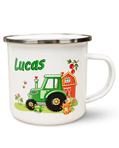 Werbetreff Gera Emaille-Tasse mit Name & Motiv Traktor - Bedruckt & Personalisiert - Geschenk-Idee für Jungs - Vintage-Look - Retro-Optik von Unikatolo