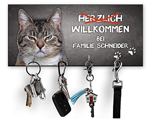 Unikatolo Schlüsselbrett mit Name Katzenmotiv, witziges Geschenk zum Einzug, Schild Spruch, Wandhaken Wanddekoration Geburtstag Einzug Richtfest Hochzeitsgeschenk Katzen Deko von Unikatolo