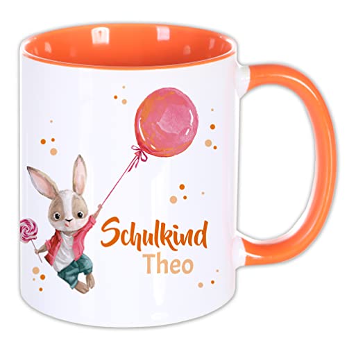 Namenstasse Schulkind Hase ORANGE | Tasse mit Name 300 ml personalisiertes Geschenk Schulanfang Schulstart, Keramiktasse Kinder Schultüte Kleine Geschenke Mitbringsel Einschulung Mädchen Junge von Unikatolo