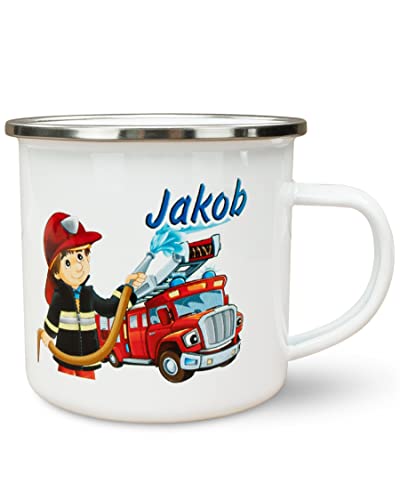 Werbetreff Gera Emaille-Tasse mit Name & Motiv Feuerwehr - Bedruckt & Personalisiert - Geschenk-Idee für Jungs - Vintage-Look - Retro-Optik von Unikatolo