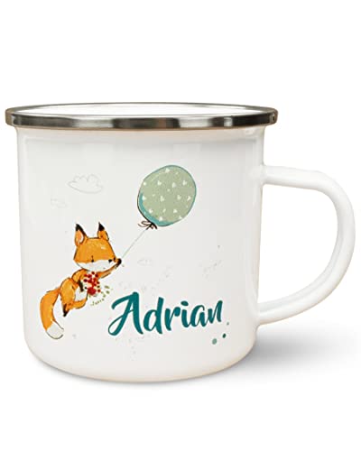 Werbetreff Gera Emaille-Tasse mit Name & Motiv Fuchs Luftballon - Personalisiert - Geschenk-Idee für Jungs & Mädchen - Vintage-Look - Retro-Optik von Unikatolo