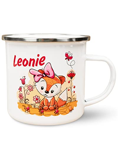 Werbetreff Gera Emaille-Tasse mit Name & Motiv Fuchs Pink - Bedruckt & Personalisiert - Geschenk-Idee für Mädchen - Vintage-Look - Retro von Unikatolo