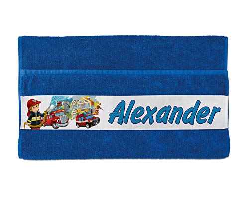 Unikatolo Handtuch mit Name auf BORDÜRE | Feuerwehr, Kinderhandtuch blau Kleiner Feuerwehrmann, Geschenkidee Jungs Kindergarten Kita (50 x 100 cm) von Unikatolo