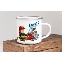 Emailletasse Feuerwehr Mit Name Personalisiert | Individuelles Geschenk Kinder Ostern Geburtstag Schulanfang Kleinigkeit Schultüte von WerbetreffGera