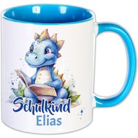 Tasse Schulkind Dino Hellblau Mit Name Personalisiert Geschenk Schulanfang Schulstart Schultüte Zuckertüte Einschulung Mitbringsel Junge von WerbetreffGera