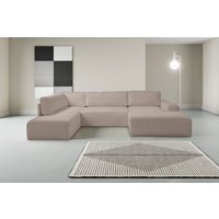 WERK2 Wohnlandschaft "Rotterdam-U, U-Form, in kuschelweichem Cord oder Breitcord", Design Sofa mit Schlaffunktion & Bettkasten, Breitcord, Taupe von Werk2