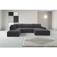 WERK2 Wohnlandschaft "Rotterdam-U, U-Form, in kuschelweichem Cord oder Breitcord", Design Sofa mit Schlaffunktion & Bettkasten, Cord, Anthrazit von Werk2