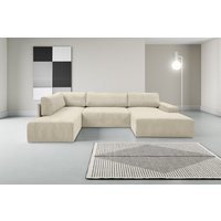 WERK2 Wohnlandschaft "Rotterdam-U, U-Form, in kuschelweichem Cord oder Breitcord", Design Sofa mit Schlaffunktion & Bettkasten, Cord, Natur von Werk2