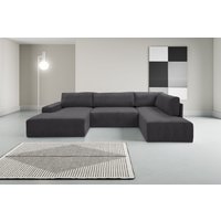 WERK2 Wohnlandschaft "Rotterdam-U, U-Form, in kuschelweichem Cord oder Breitcord", Design Sofa mit Schlaffunktion & Bettkasten, Cord, Anthrazit von Werk2