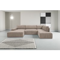 WERK2 Wohnlandschaft "Rotterdam-U, U-Form, in kuschelweichem Cord oder Breitcord", Design Sofa mit Schlaffunktion & Bettkasten, Cord, Hellgrau/Beige von Werk2