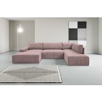 WERK2 Wohnlandschaft "Rotterdam-U, U-Form, in kuschelweichem Cord oder Breitcord", Design Sofa mit Schlaffunktion & Bettkasten, Cord, Rose von Werk2