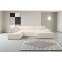 WERK2 Wohnlandschaft "Rotterdam-U, U-Form, in kuschelweichem Cord oder Breitcord", Design Sofa mit Schlaffunktion & Bettkasten, Breitcord, Creme von Werk2