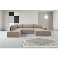 WERK2 Wohnlandschaft "Rotterdam-U, U-Form, in kuschelweichem Cord oder Breitcord", Design Sofa mit Schlaffunktion & Bettkasten, Cord, Hellgrau/Beige von Werk2