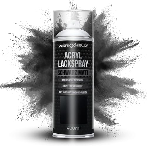 WerkXheld Sprühlack 400ml - Hochwertiges Lackspray Schwarz Matt RAL 9005, Vielseitig anwendbar auf Holz, Metall & Textil, Langlebiger Acryllack Spray von WerkXheld