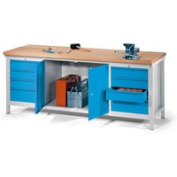 PAVOY Werkbank mit 2 Schubladenblöcken + Schrank, HxBxT 900 x 2.000 x 700 mm, anthrazitgrau, enzianblau von Pavoy