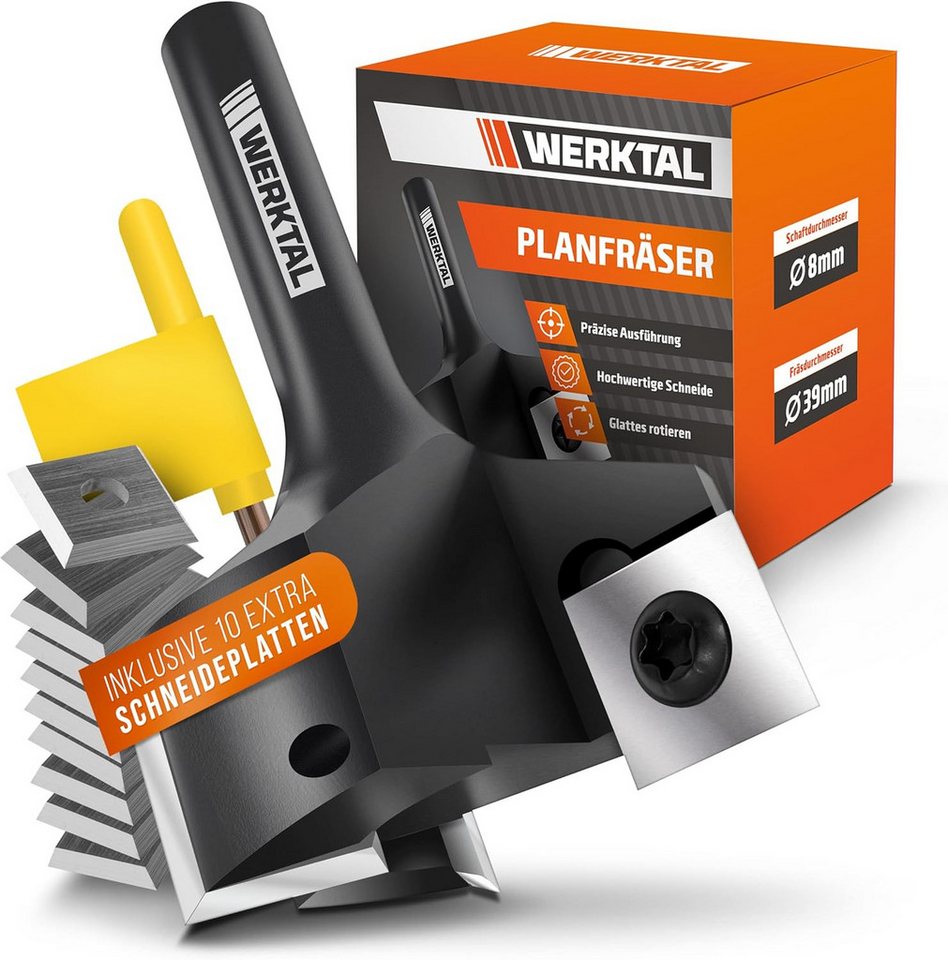 Werktal Schaftfräser [39mm Durchmesser] für Oberfräse 8mm & CNC Fräse, Hochpräziser Hobelfräser mit 10 extra Wendeschneidplatten von Werktal
