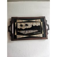 Antikes Umgekehrt Bemaltes Tablett Mit Schmetterlingsflügeln Rio De Janeiro 1950Er Jahre Antike Schmetterlingsflügelkunst | Kleines Holztablett Glas von Werlie