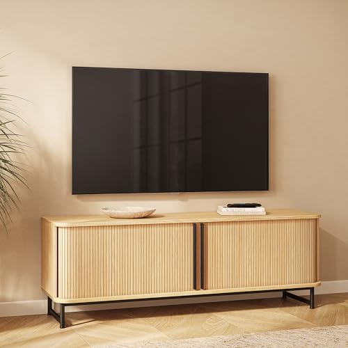 Wermo 160 cm TV Schrank und Sideboard Wohnzimmer mit Schiebetüren - Kommode TV Lowboard mit Füßen, Lowboard Holz, Fernsehschrank, Sideboard Fernseher Tisch Modern, Fernsehtisch (Eiche, Höhe 56 cm) von Wermo