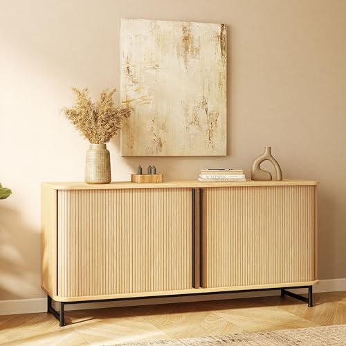 Wermo 160 cm TV Schrank und Sideboard Wohnzimmer mit Schiebetüren - Kommode TV Lowboard mit Füßen, Lowboard Holz, Fernsehschrank, Sideboard Fernseher Tisch Modern, Fernsehtisch (Eiche, Höhe 75 cm) von Wermo