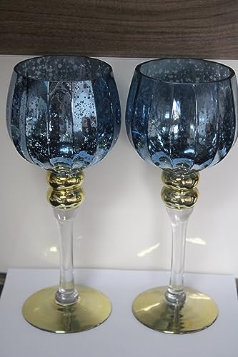 2 Kerzengläser/Windlicht aus Glas, Blau/Gold, H 30 cm von Werner Voss GmbH