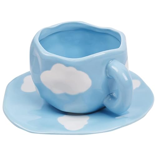 Keramik Kaffeebecher mit Untertasse Set, Niedliche Wolke Kaffeebecher und Tasse für Büro und Zuhause, 10oz/300ml Kreative Tasse für Latte Tee Milch (Himmel) von Werwing