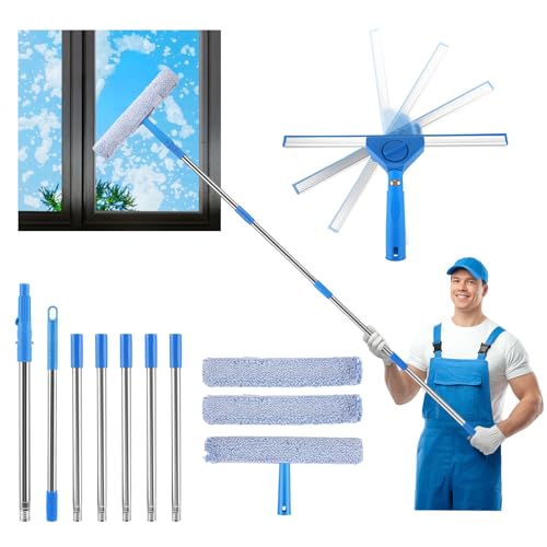 2 in 1 Fensterreiniger Fensterabzieher 180°-Drehung, Fensterputzer Set mit 300cm Teleskopstiel und Chenille-Ersatzpads, Profi Glasreinigungswerkzeuge für Hohe Fenster im Innen- und Außenbereich von Wesditly
