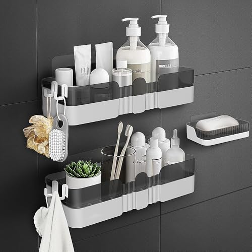 WeshyiGo 2er-Pack Duschcaddy, trennbarer Duschorganizer mit Haken, kein Bohren, Doppelschicht-Duschregal für Bad und Küche (Grau) von WeshyiGo