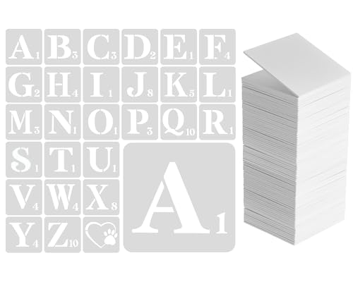 Wesiti 127 Stück 10,2 x 10,2 cm weiße Blanko-Holzquadrate und Buchstabenschablonen-Set zum Basteln, enthält 100 leere Balsaholzteile, 26 Alphabet- und 1 Herz-Symbol-Schablonen für DIY-Wanddekoration von Wesiti