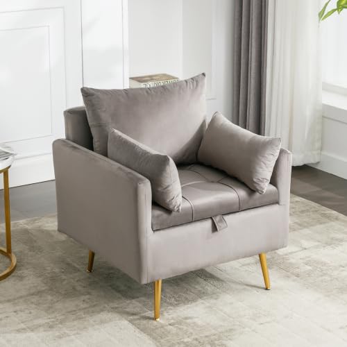 Moderner, minimalistischer Samtstuhl, Sessel, Ottomane mit Stauraum, Dekokissen und Armlehnen-Loungesessel mit goldenen Metallbeinen (Grau) von Weskjer