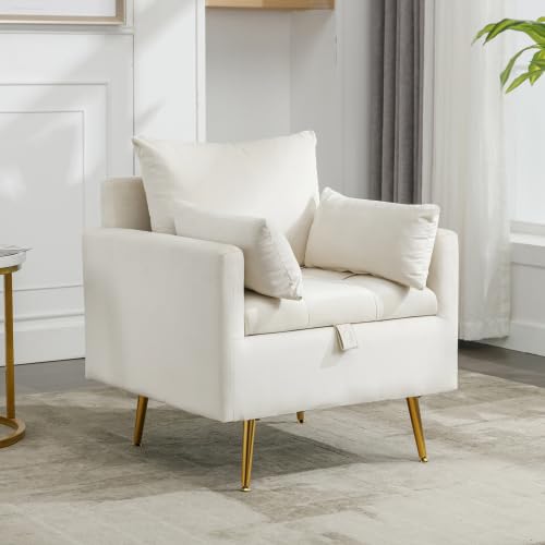 Moderner, minimalistischer Samtstuhl, Sessel, Ottomane mit Stauraum, Dekokissen und Armlehnen-Loungesessel mit goldenen Metallbeinen (Weiß) von Weskjer
