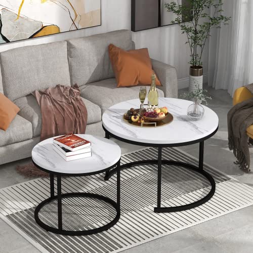 Runder Couchtisch Holz 2er Set Satz Couchtisch Wohnzimmer geschachtelter Beistelltisch 2 Runder Beistelltisch (Braun) (Weiß) von Weskjer