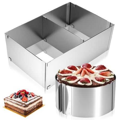 Weskjer 2 Stück DIY Einziehbare Verstellbare Mousse-Kuchenform (Quadratisch10 cm Hoch, Länge 28–52,5 cm + Rund 8 cm Hoch 6 Bis 12 Zoll) Edelstahl Verstellbarer Tortenring für Dessertcreme, Kuchen von Weskjer