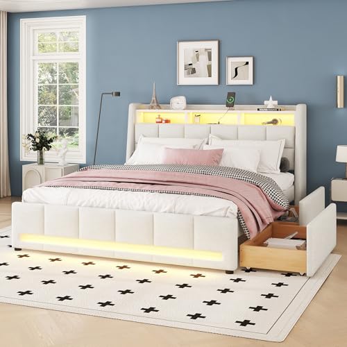 Weskjer Polsterbett, 160 x 200 cm, Ohne Matratze, APP-Fernbedienung LED-Licht, Bett mit Schubladen mit Steckdosen und USB, Eingebautes Staufach, Leinen, Beige von Weskjer