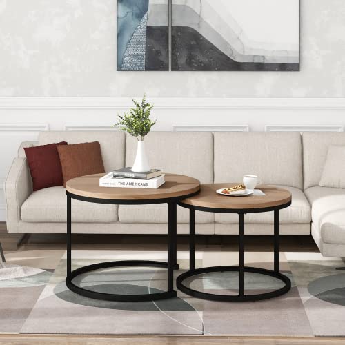Weskjer Runder Couchtisch Holz 2er Set Satz Couchtisch Wohnzimmer geschachtelter Beistelltisch 2 Runder Beistelltisch (Braun) (Grundfarbe) von Weskjer