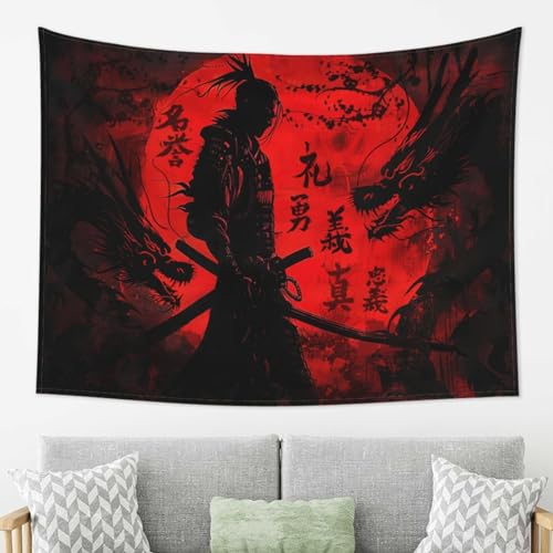 Japanischer Samurai-Wandteppich, Rot und Schwarz, cooler Anime-Krieger-Tapisserie, 203,2 x 152,4 cm, asiatischer japanischer Stil, Wandbehang, Wandteppich, Samurai-Kunst, für Herren, Schlafzimmer von Wesluin