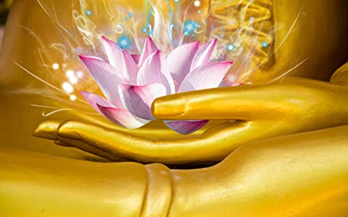 Fototapete 3D Effekt Goldener Zen Buddha Statue Lotus Fototapete Vlies Tapete Bilder Wand Wanddeko Dekoration 300x210cm von Wesmilewallpaper