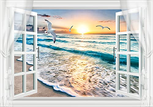 Fototapete 3D Effekt Vliestapete Tapeten Möwen Am Strand Vor Dem Fenster Meer Sonnenaufgang Naturlandschaft Fototapete Wandtapete Wallpaper Wandbilder 200x140cm von Wesmilewallpaper