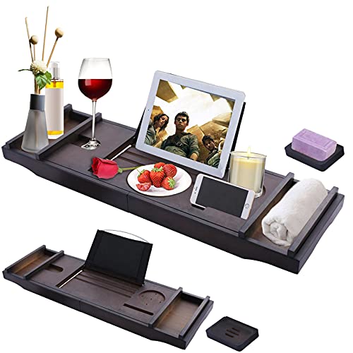 Badewannenablage Bambus | Badewannenbrett Ausziehbares 73-110cm Multifunktionaler mit Halter für Bücher, Tablet, Handy, Weingläser, mit Seifenschale, wasserdicht und schimmelresistent von Wesoky
