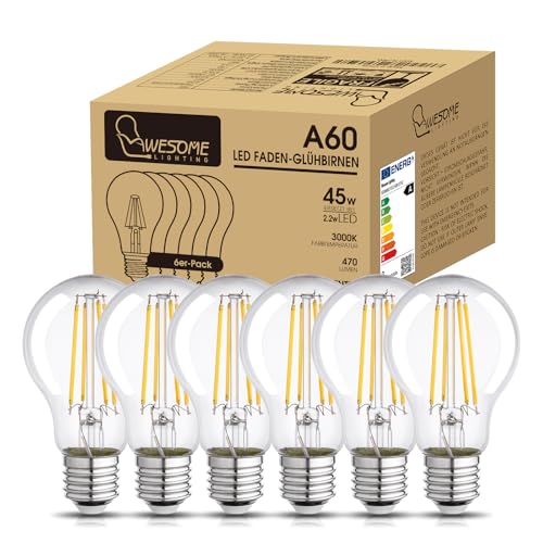 Wesome Lighting E27 LED Energieklasse A Glühbirne, 2.2W 470LM 3000K Warmweiß Leuchtmittel, A60 Filament Edison Retro Glühlampe, Ultraeffiezent Nicht Dimmbar, 6 Stück von Wesome Lighting