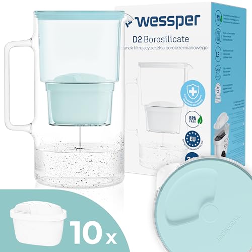 WESSPER 3in1 Glaskaraffe-Glaskanne-Glas Wasserfilter Karaffe mit Filtersystem, Plus 10x Kalkfilter Wasserfilterkartuschen, Minze von Wessper