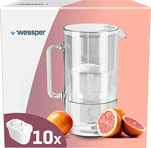 Wessper 3in1 Glaskaraffe-Glaskanne-Glas Wasserfilter Karaffe mit Filtersystem, Plus 10x Kalkfilter Wasserfilterkartuschen, Weiß, WES201 von Wessper