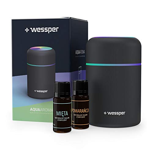 Wessper 2-In-1 Mini Luftbefeuchter 300ml Grau & Aroma Diffuser mit 2x ätherische Öle | Raumbefeuchter Humidifier Essential Oils | Automatische Abschaltung & Super Leise, USB Ladefunktion, 2 Nebelmodi von Wessper