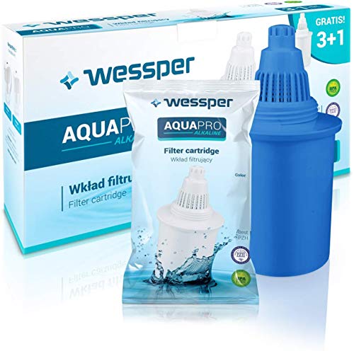 Wessper Alkalischer Wasserfilter Kartuschen 4 Stück, Wasserfilterkartusche AQUApro | Water Filter Cartridges zur Reduzierung von Chlor & Schwermetalle | Anheben des pH-Werts für Bis zu 300 L – Blau von Wessper