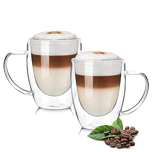 Wessper Doppelwandig Gläser, Kaffeegläser mit Henkel, Hitzebeständiges Borosilikatglas | Kaffeegläser temperaturbeständig Mokkatassen, Teegläser, Latte Machiatto, Tee - 2 Stück x 350 ml von Wessper